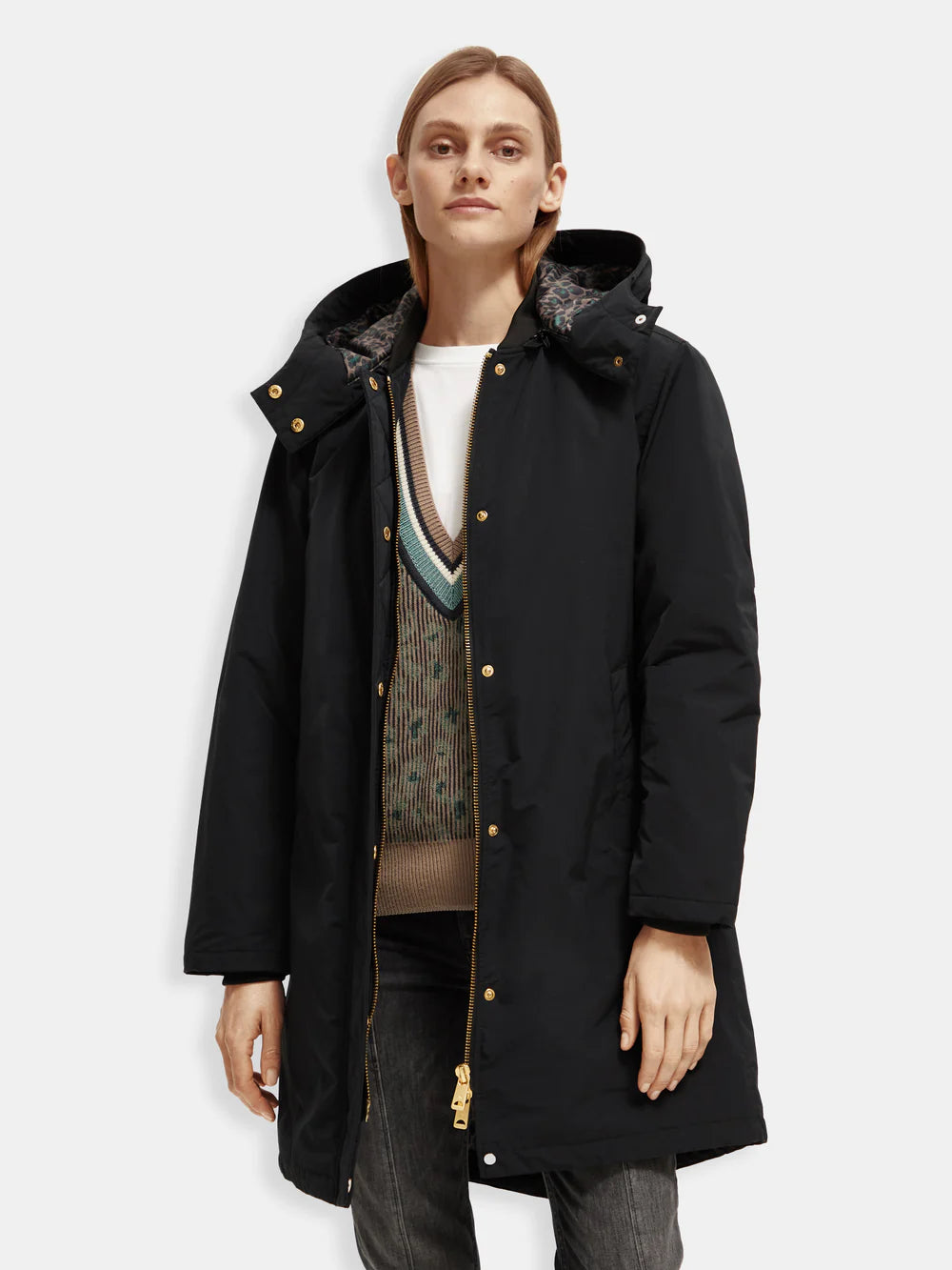 Water Repellent Mid Length Parka Printed - Black 173117