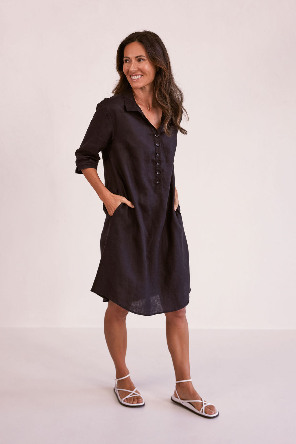 100% Linen 3/4 Sleeve Cotton Button Front Dress - Black