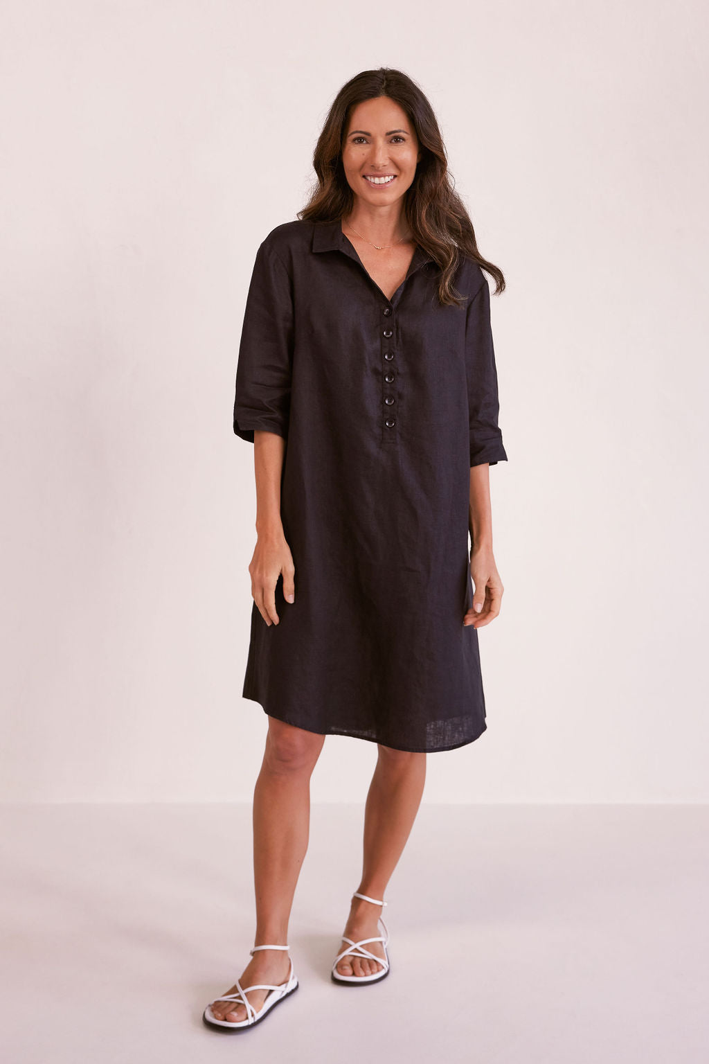 100% Linen 3/4 Sleeve Cotton Button Front Dress - Black