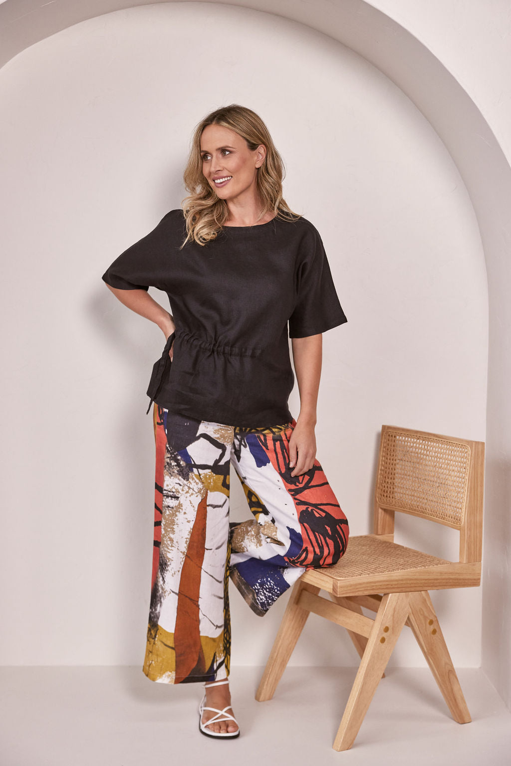 100% Linen SS Drawstring Top - Black