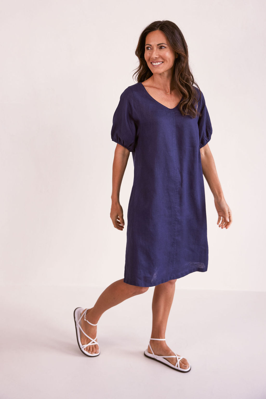 100% Linen V Neck Swing Dress - Navy