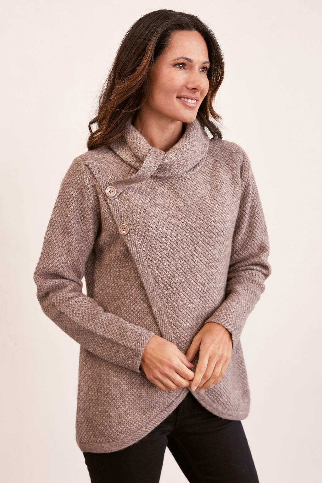 woman wearing Australian Wool Blend Moss Stich Cowl Neck - Mocha and black pants