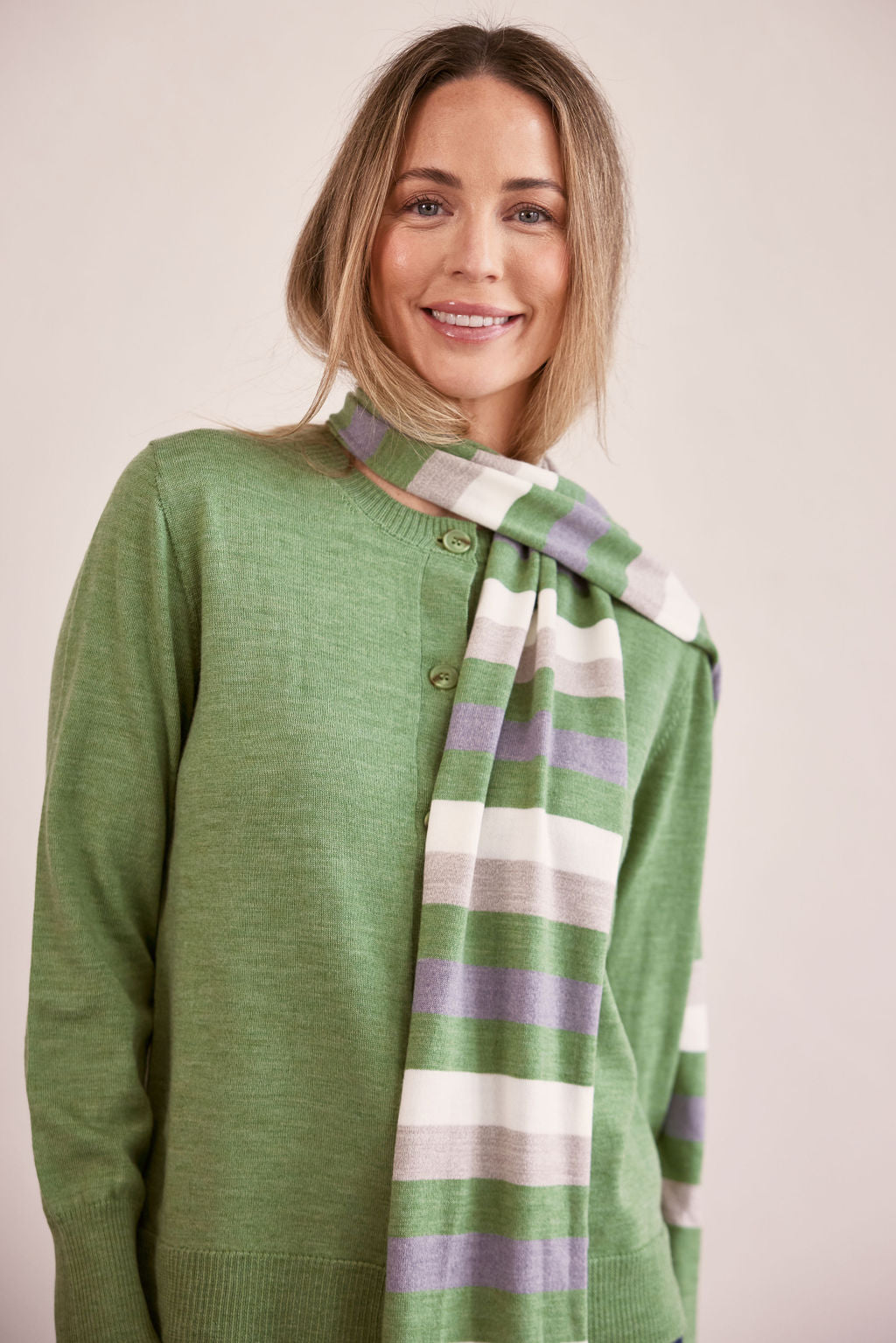 woman wearing Merino Wool Stripe Scarf Sage Combo