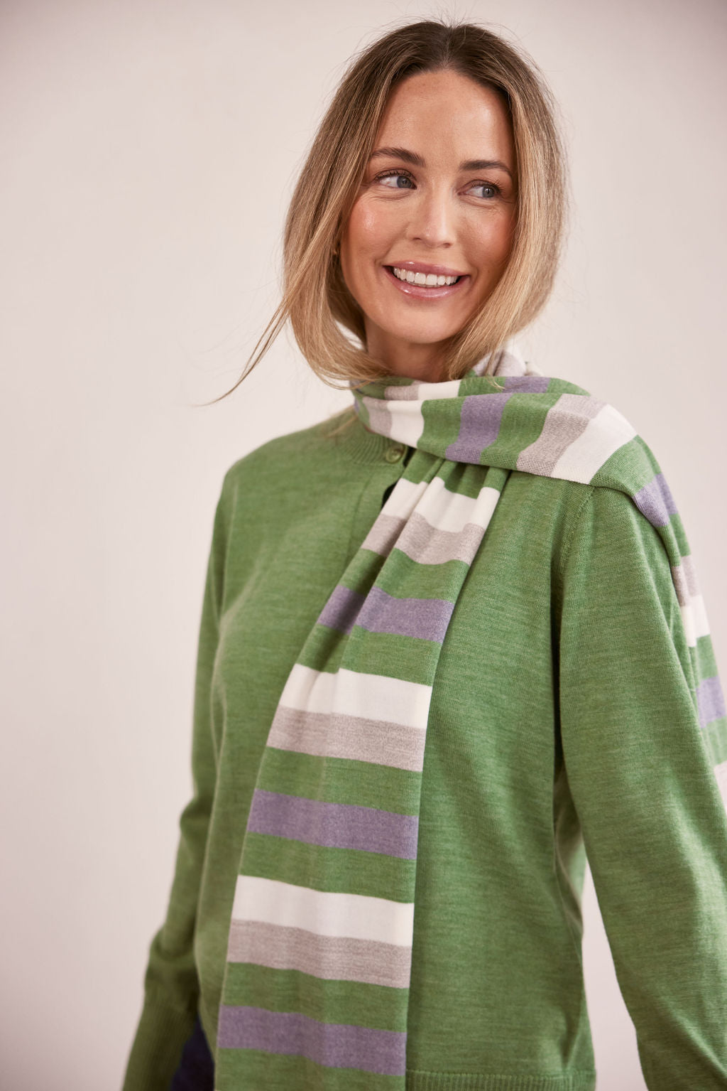 woman wearing Merino Wool Stripe Scarf Sage Combo