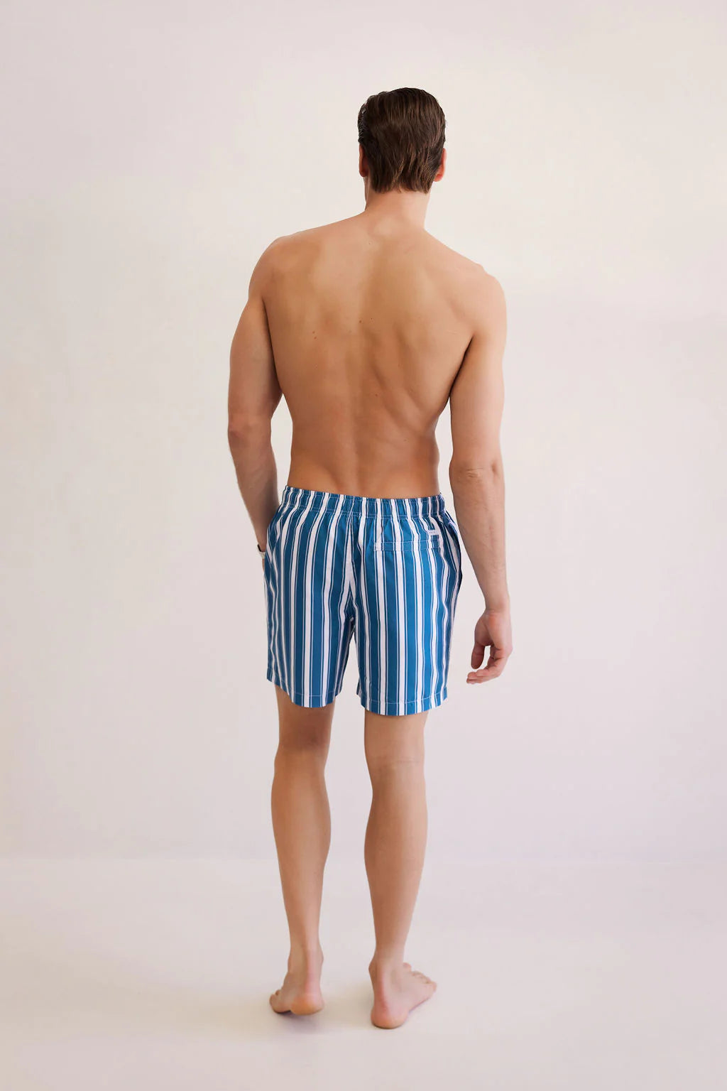 man facing the back wearing shore club swim mens swim short in cabana stripe design