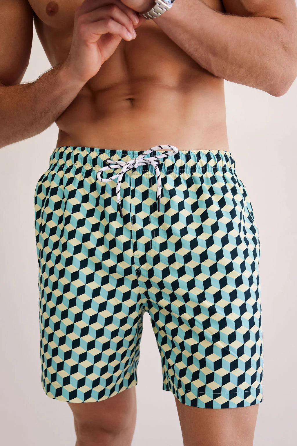 man wearing shore club swim means swim short in poolside design