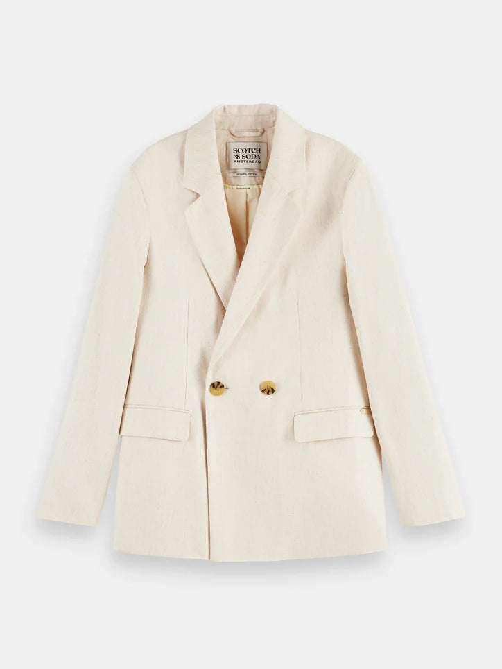 Double Breasted Relaxed Fit Linen Jacket - Sand Melange